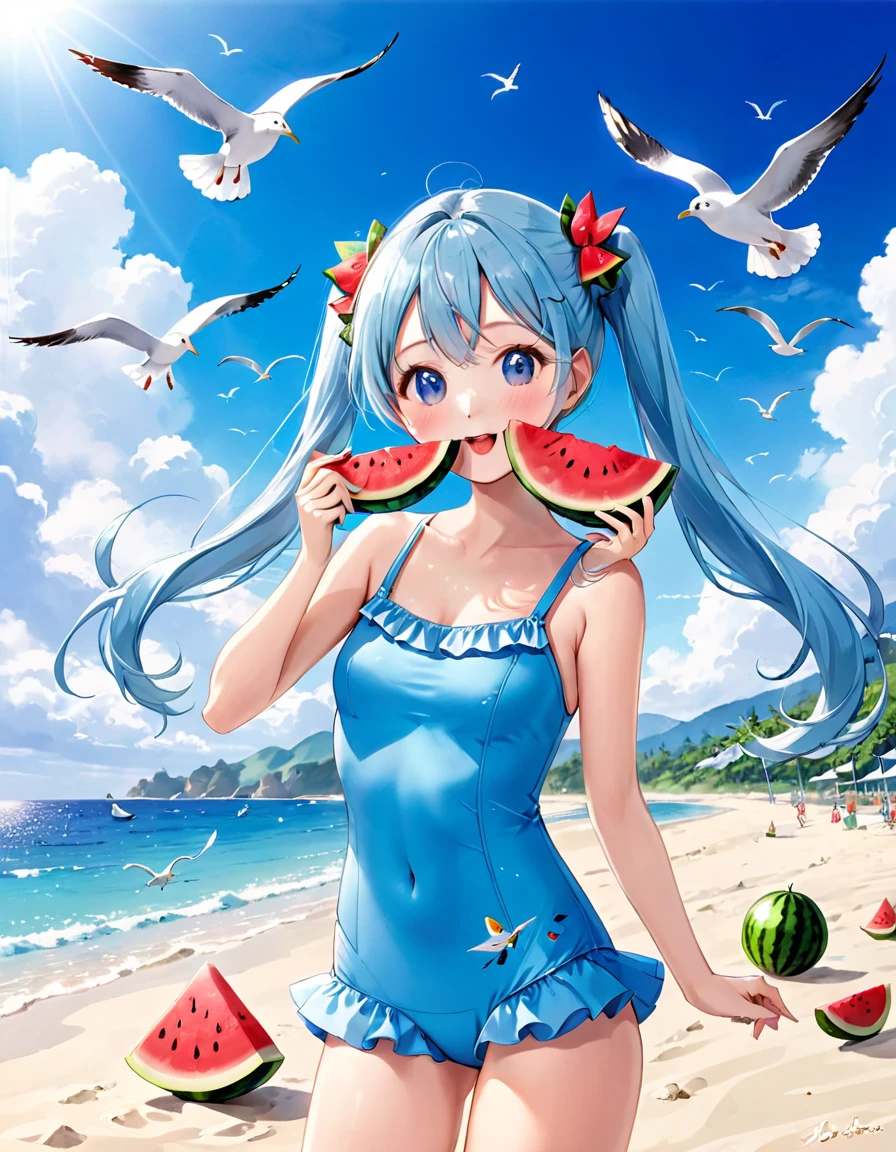 Light blue long hair、Beautiful girl with twin tails、A beautiful girl eating watermelon on the beach、Cute Swimsuit、Blue sky、Seagulls are flying、