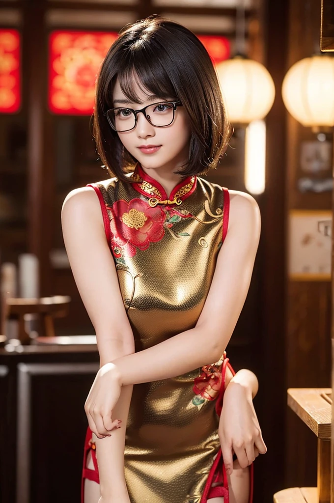 (nsfw:1.5),(8K、Raw photography、top-quality、masterpiece:1.2)、(realisitic、Photorealsitic:1.37)、ultra-detailliert、超A high resolution、女の子1人、see the beholder、beautifull detailed face、A smile、Constriction、(Slim waist) :1.3)、short-cut、Beautiful detailed skin、Skin Texture、Floating hair、Professional Lighting、Chinese Teahouse Background、Black square glasses 、Whole human body、Brown short bob、(on cheongsam,Red with golden floral pattern)