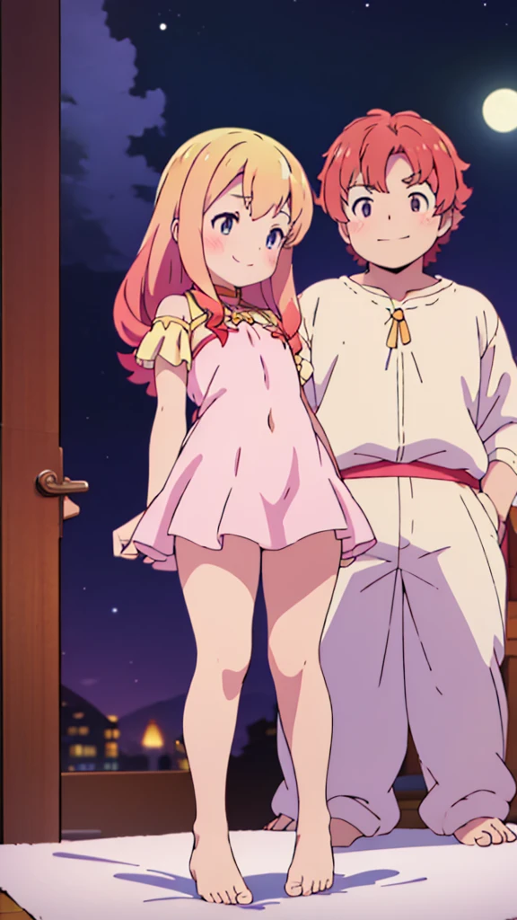 ((masterpiece))((Highest quality))Moon Fairy、girl、smile、blush、Flat Chest、Are thin、Blonde and red hair、long、blush、Are standing、Whole body image、Even your toes are visible、Eye level on face、front、No background、真frontのアングル