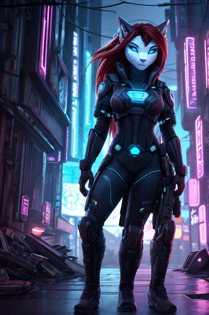 Masterpiece , a woman , very long red hair , Blue eyes , earring , perfect body , ( Technical clothing:1.2) , cyberpunk , future , modern , in cyberpunk city, a slight smile , delicate face ,, , (8k, Best quality 1.2), extremely detailed, 8K uhd,, soft lighting, high quality, grano de la Movie, beautiful lights,, (Movie:1.4) ,perfect body , Optimal lighting, the best shadow, more acute, Compared, a background of destroyed city with toxic environment, cyberpunk world.