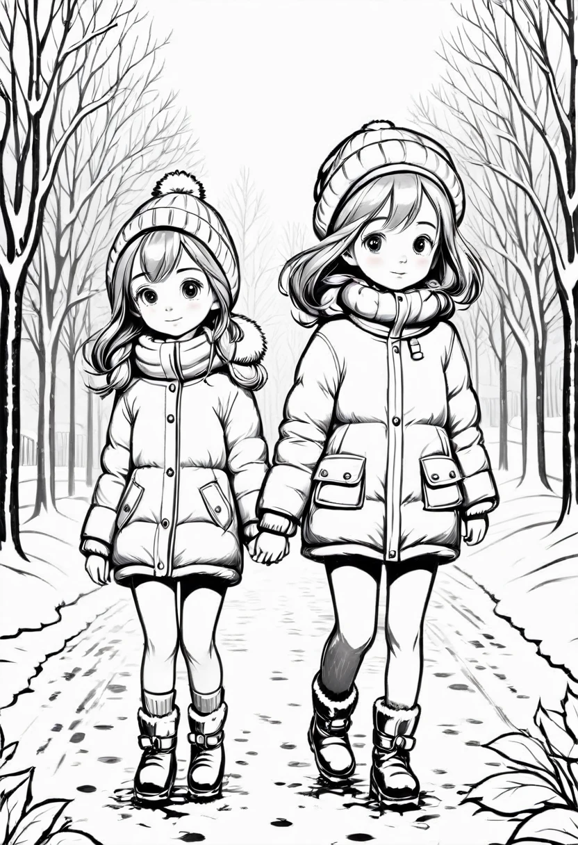 thin line drawing, lineart, fine stroke, two children in winter, monochromatic, black andwhite. no shadows, no gray color, lineart style