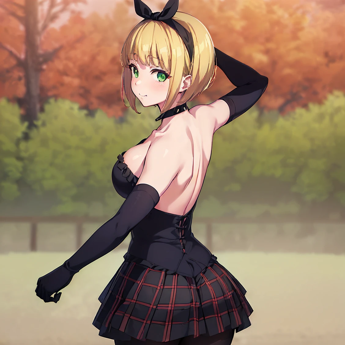 ((1girl)), ((alone)),shushu suruga, ((extremely detailed CG unity 4k wallpaper)), (masterpiece), (ultra quality), (ultra detailed), (best illustration), (best shadow), (extremely detailed), looking at viewer, (absurdities), (detailed background), curvy body, dynamic pose, cowboy photo, medium breasts, medium waist, wide hips, wide thighs, round butt, ((blonde_hair , short_hair, 1 girl, green_eyes, solo, headband, bangs, big_breasts, black bow, black headband, mugenloopdalove outfit, collarbone, neck, strap, heart, navel, bandeau, plaid, bare shoulders, bare arms, one glove, bracelet , wristbands, miniskirt, layered skirt, ruffles, fishnet pantyhose,)),smile, mouth closed)), standing, cowboy photo, backlight, ((only)), ((standing: 1.4, outdoor, park ,cityscape,trees,(stoic,blushing,sexy expression, closed mouth,sexy pose), looking back,from behind, ((focus on ass), point of view: (from below), perfect anatomy, perfect hands ,