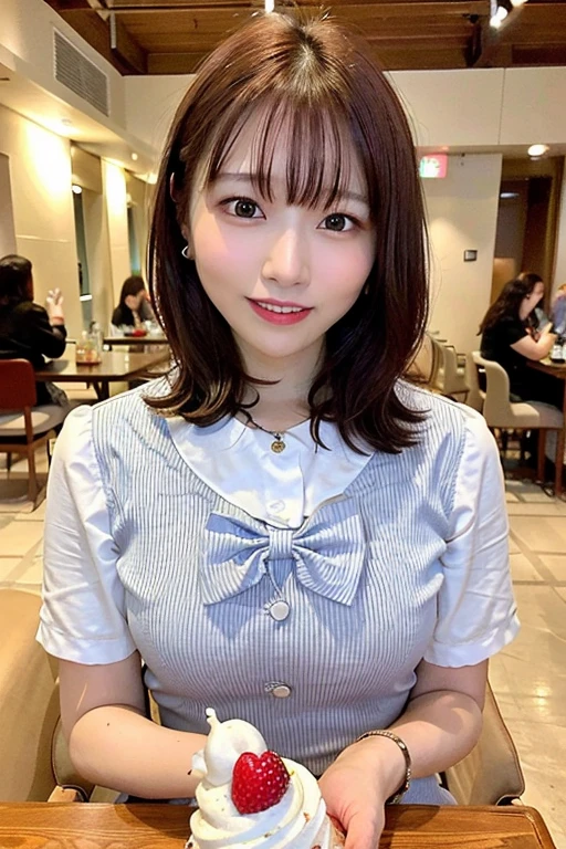 Top Quality, Ultra High Definition, (Photorealistic: 1.4), 1 girl, white blouse, blue skirt, bow tie, (faded ash-gray hair: 1), (Normal breasts: 1), Watch viewer, Cafe