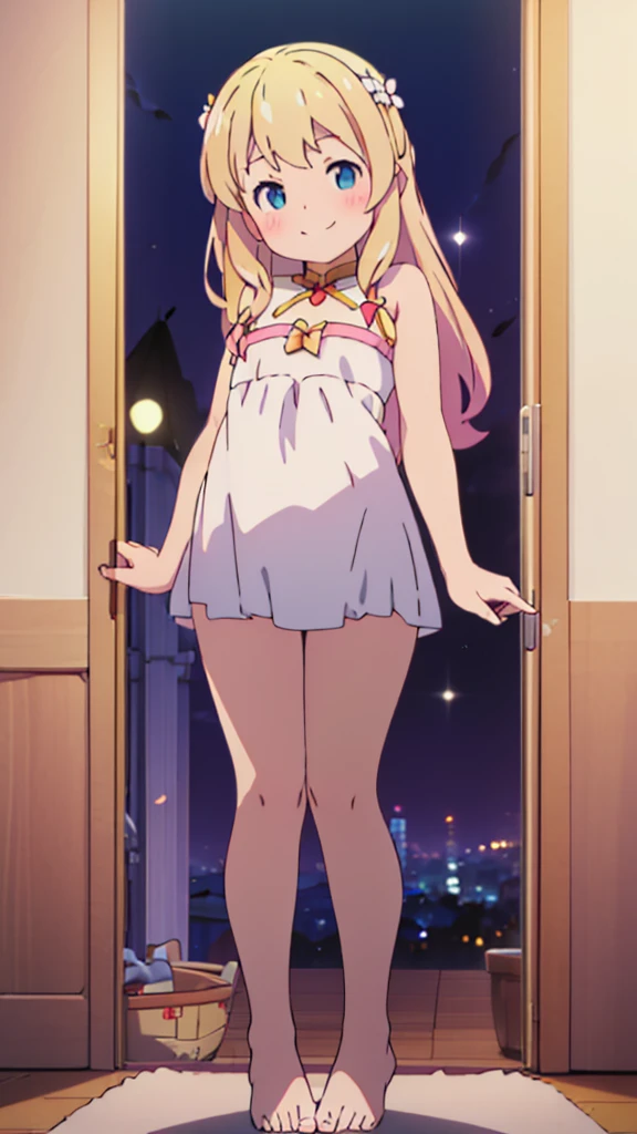 ((masterpiece))((Highest quality))Moon Fairy、girl、smile、blush、Flat Chest、Are thin、Blonde Hair、Leg-length hair、blush、Are standing、Whole body image、Even your toes are visible、Eye level on face、front、No background、真frontのアングル
