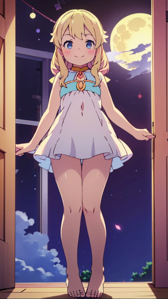((masterpiece))((Highest quality))Moon Fairy、girl、smile、blush、Flat Chest、Are thin、Blonde Hair、Leg-length hair、blush、Are standing、Whole body image、Even your toes are visible、Eye level on face、front、No background、真frontのアングル
