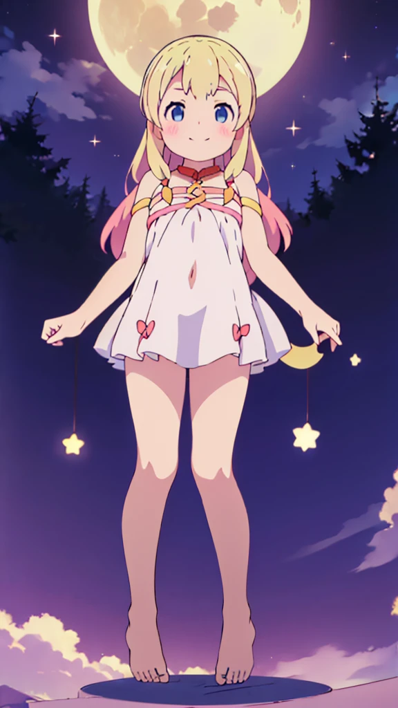 ((masterpiece))((Highest quality))Moon Fairy、girl、smile、blush、Flat Chest、Are thin、Blonde Hair、Leg-length hair、blush、Are standing、Whole body image、Even your toes are visible、Eye level on face、front、No background、真frontのアングル