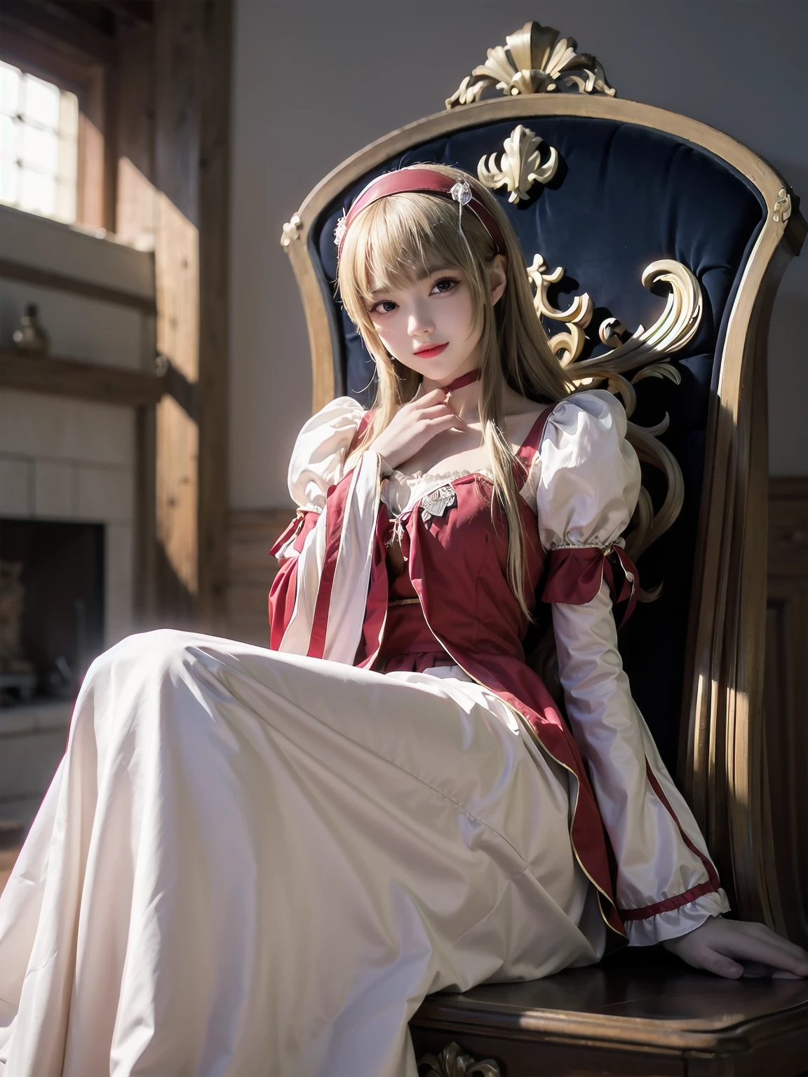 score_9, score_8_up, score_7_up, score_6_up, source_anime, 1girl, solo, defAlexia, long hair, blonde hair, red hairband, brooch, red ballgown, puffy sleeves, frilled sleeves, looking at you, smile, sitting on throne, throne, indoors, stone walls, worried, hand to own chest