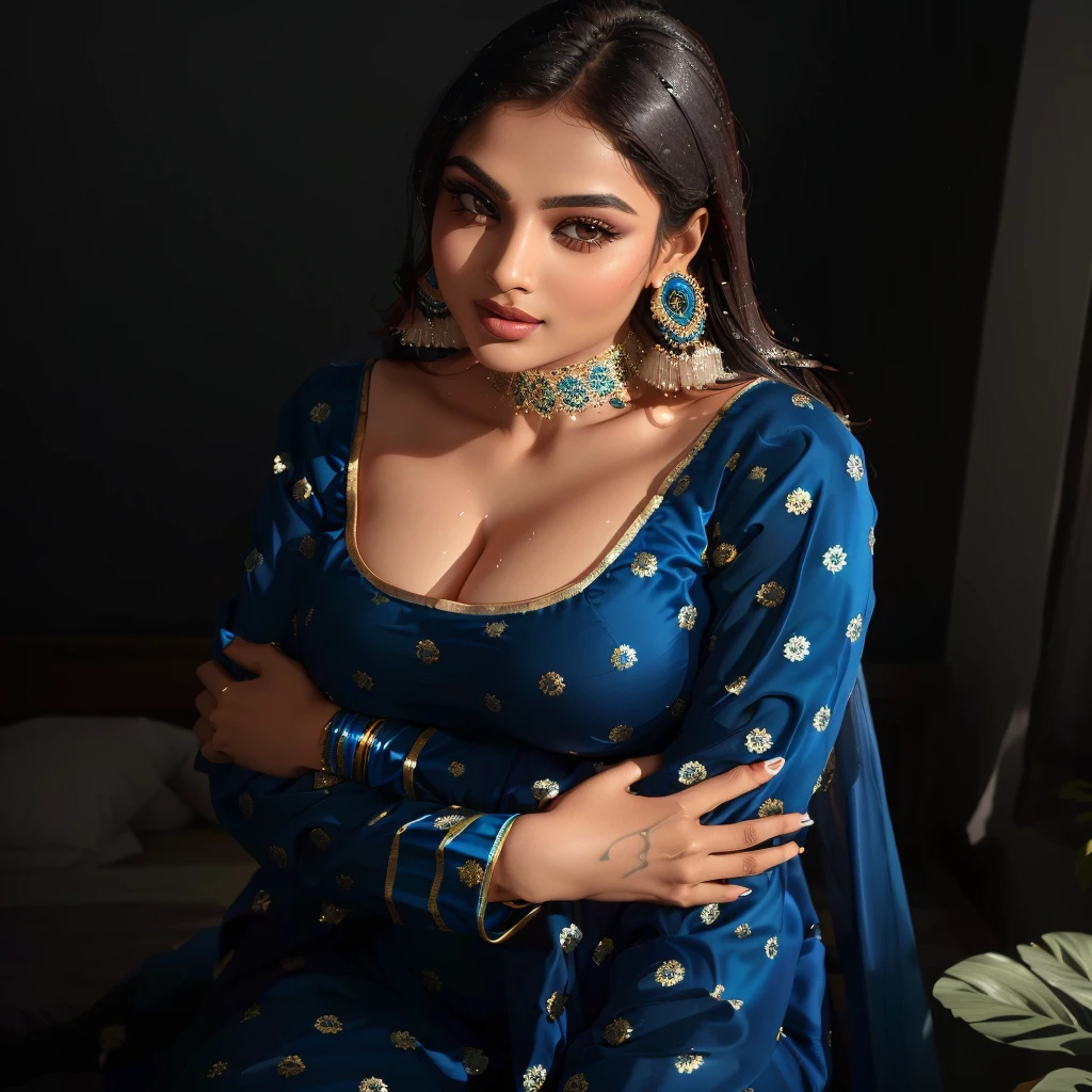 araffe woman in a blue dress posing for a picture, indian, traditional beauty, indian goddess, very seductive pose, indian super model, blue colored traditional wear, dressed in blue, desi, sexy girl, very sexy pose, stunning elegant pose, sexy pose, gorgeous lady, provocative indian, beautiful cute, thicc, full body photoshoot, 4k post,big , sexy cleavage, full wet body