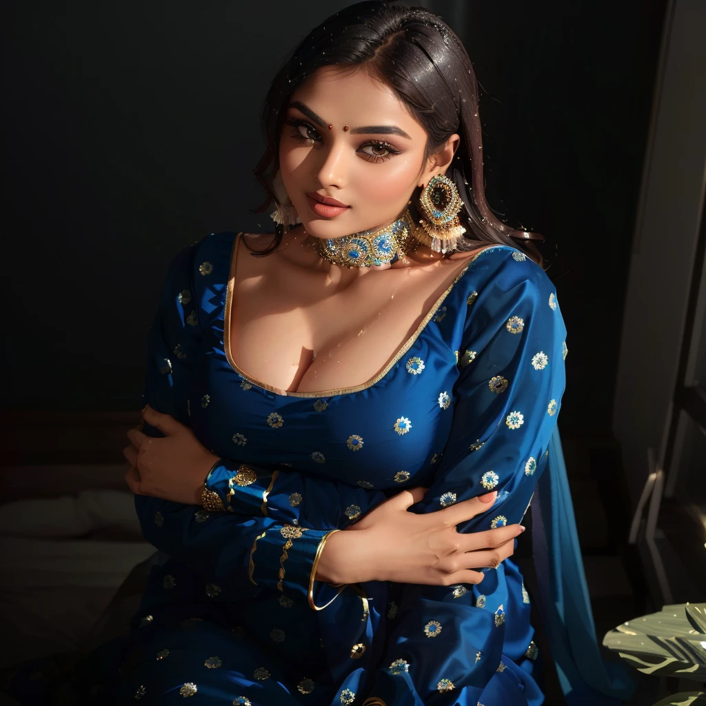araffe woman in a blue dress posing for a picture, indian, traditional beauty, indian goddess, very seductive pose, indian super model, blue colored traditional wear, dressed in blue, desi, sexy girl, very sexy pose, stunning elegant pose, sexy pose, gorgeous lady, provocative indian, beautiful cute, thicc, full body photoshoot, 4k post,big , sexy cleavage, full wet body