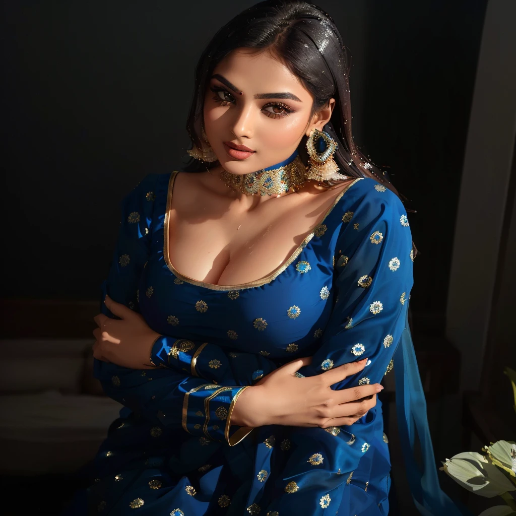 araffe woman in a blue dress posing for a picture, indian, traditional beauty, indian goddess, very seductive pose, indian super model, blue colored traditional wear, dressed in blue, desi, sexy girl, very sexy pose, stunning elegant pose, sexy pose, gorgeous lady, provocative indian, beautiful cute, thicc, full body photoshoot, 4k post,big , sexy cleavage, full wet body