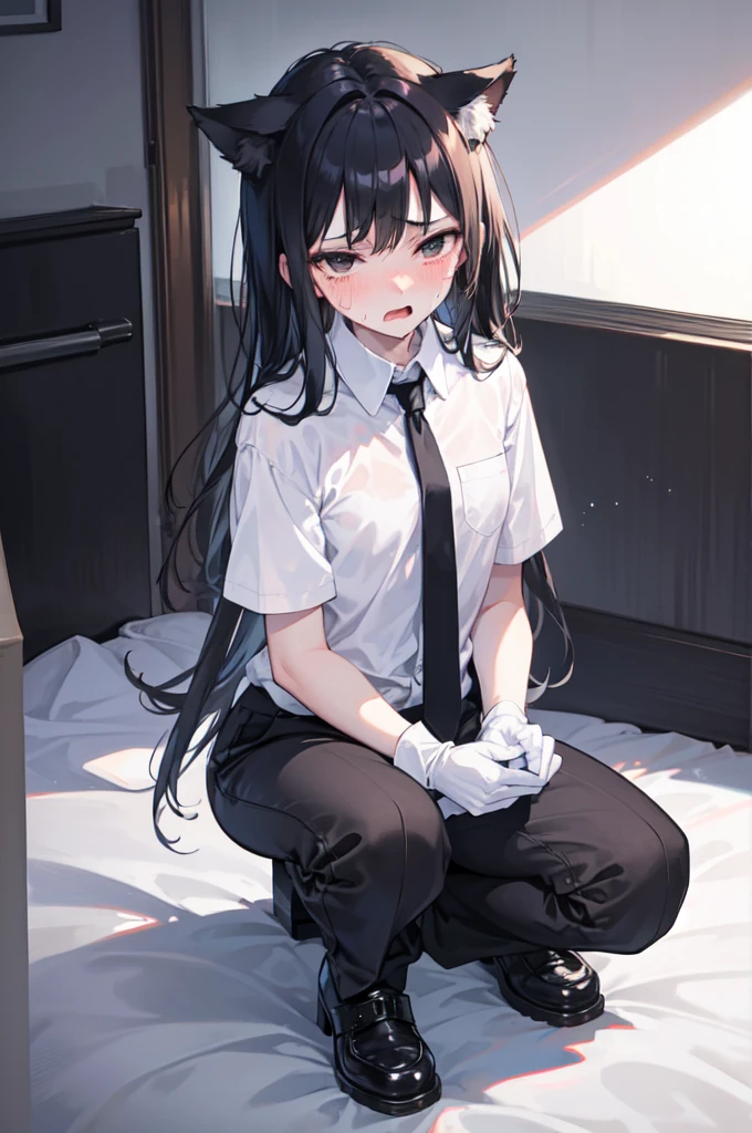 A 16-year-old boy,cute,Wear a white short-sleeved shirt and a black work tie,Wear long black pants,Wear black booties,Wear white gloves,wear cat ears,Black hair,Black eyes,Handsome,Disdainful and cold expression,shy,Very blush,Sweating,crying,opening mouth,pornography,pornographic action,wheezing,Bundle play