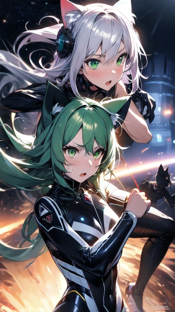 prompts A silver-haired beautiful girl with cat ears eyes are green hair is silver and long clothes: a form-fitting black combat suit The fist is an afterimage The background is a city at night her is in a cat-like fighting pose The year is  monitor, Dark Night, Sweat, Steam of Exhalation, Space, Battle, Dynamic Angle　one girl