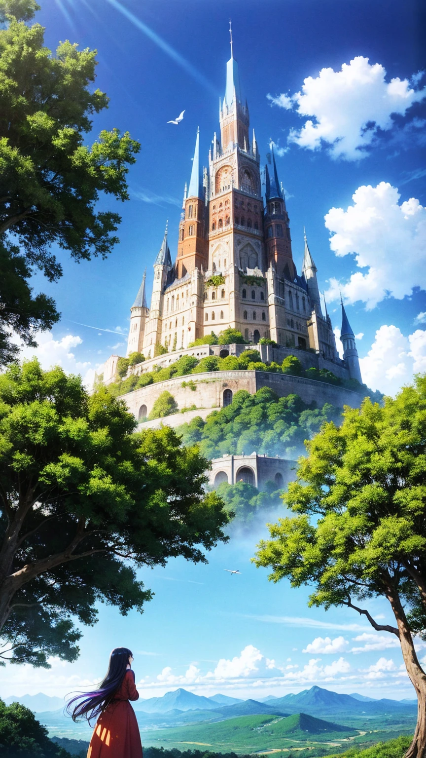anime-style illustration, a young woman standing on the hill overlooks the vast expanse of clear blue sky and underneath a large valley mountain with flower colorful color blue red green purple yellow and fantasy world medieval mega-building, rocks, tree branches, fallen leaves, birds, The scene is depicted in a highly saturated and vibrant style, intense and rich colors vivid, rendered with strong exaggerated colors, The sky above is clear blue sky, The atmosphere is full of magical color films, High Detail. "proportion of sky and land is 80:20"