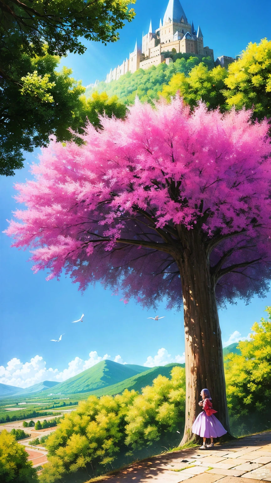 anime-style illustration, a young woman standing on the hill overlooks the vast expanse of clear blue sky and underneath a large valley mountain with flower colorful color blue red green purple yellow and fantasy world medieval mega-building, rocks, tree branches, fallen leaves, birds, The scene is depicted in a highly saturated and vibrant style, intense and rich colors vivid, rendered with strong exaggerated colors, The sky above is clear blue sky, The atmosphere is full of magical color films, High Detail. "proportion of sky and land is 80:20"