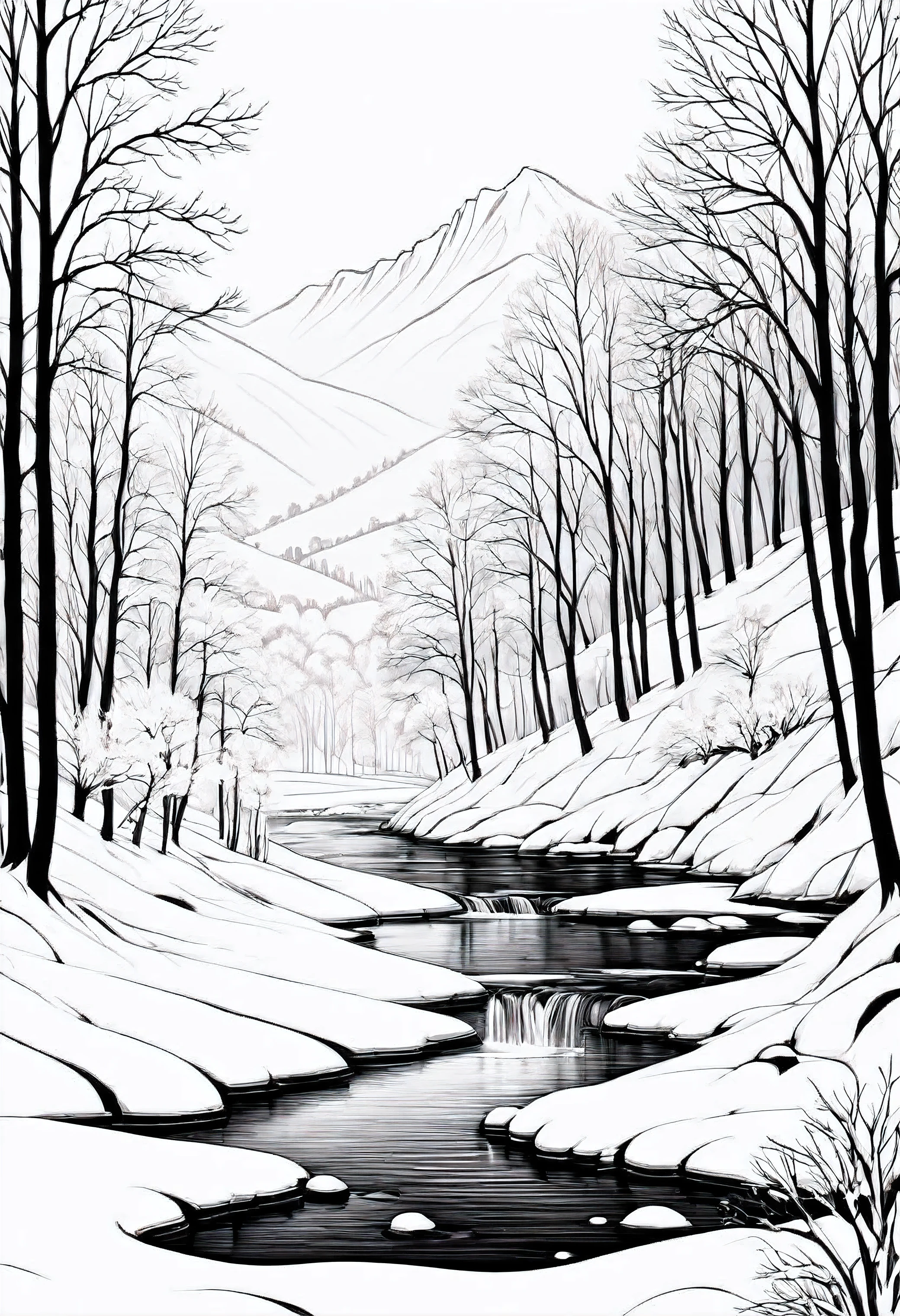 thin line drawing, lineart, fine stroke, landscape inverno, monochromatic, black andwhite. no shadows, no gray color, lineart style