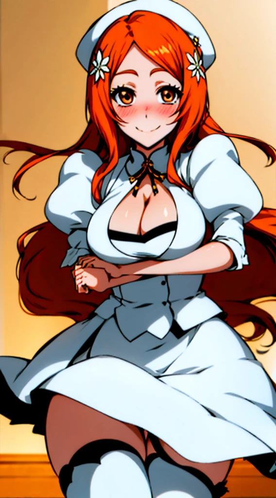 Orihime inoue, bleach, 1girl, solo, white (Orihimesomakjskirt ,cleavage, long skirt, puffy sleeves hat, hair between eyes, long hair, hair ornament, looking at viewer, messy hair,  orange hair, solo, thigh highs, thighs, long hair, ((masterpiece)), standing, sexy pose, blush, shy, smile, closes mouth,