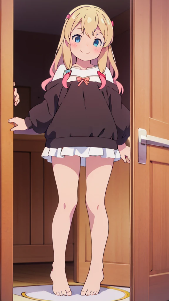 ((masterpiece))((Highest quality))girl、smile、blush、Flat Chest、Are thin、Blonde Hair、Leg-length hair、blush、Are standing、Whole body image、Even your toes are visible、Eye level on face、front、No background、真frontのアングル