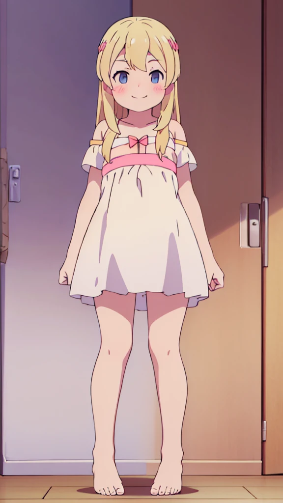 ((masterpiece))((Highest quality))girl、smile、blush、Flat Chest、Are thin、Blonde Hair、Leg-length hair、blush、Are standing、Whole body image、Even your toes are visible、Eye level on face、front、No background、真frontのアングル