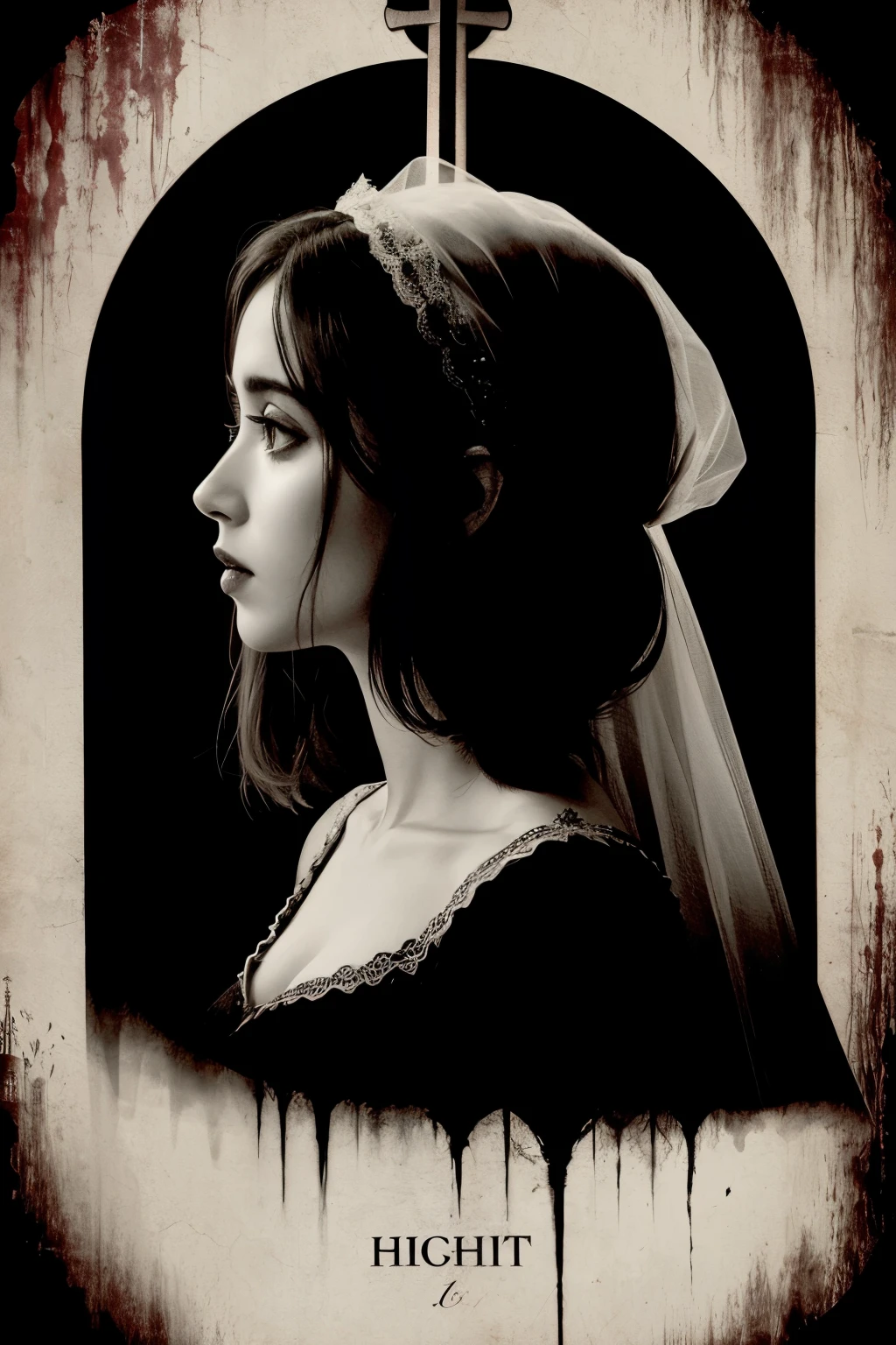A 60s ghost bride with a bloody ax in her hand With silhouette profile face in a church Horror movie scene At night Poster Tim Burton style