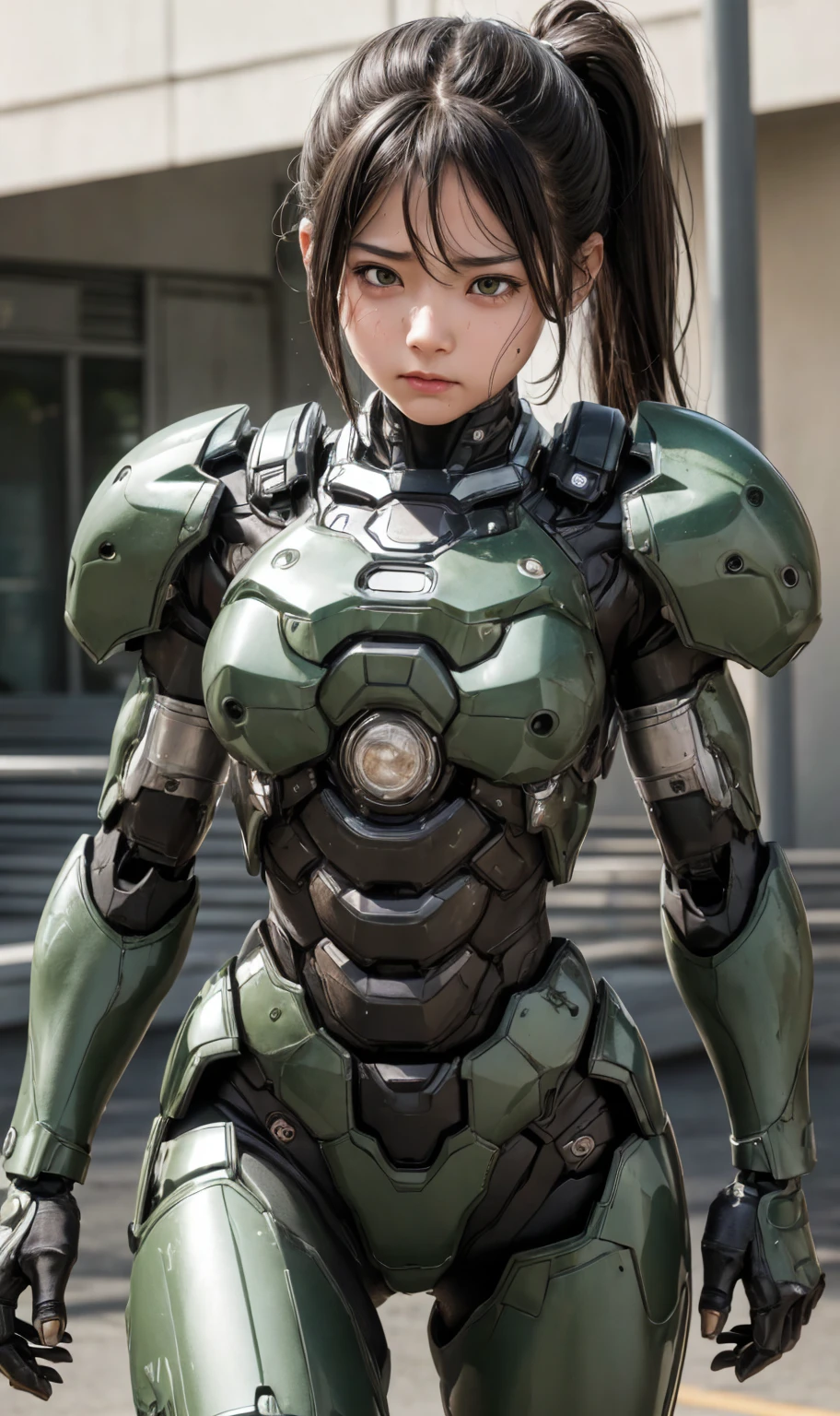 Textured skin, Very detailed, Attention to detail, high quality, 最high quality, High resolution, 1080P, hard disk, beautiful,(War Machine),beautifulサイボーグ女性,Dark Green Mecha Cyborg Girl,Fight,Girl with a mechanical body,、Kindergarten girl ponytail、Sweaty brown eyes、Sweaty face、Expressions of distress Blushing cute Black-haired ((Steam coming from the head)) (Steam coming out of the whole body) Cool pose