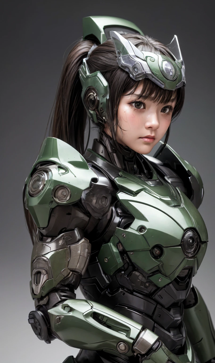 Textured skin, Very detailed, Attention to detail, high quality, 最high quality, High resolution, 1080P, hard disk, beautiful,(War Machine),beautifulサイボーグ女性,Dark Green Mecha Cyborg Girl,Fight,Girl with a mechanical body,、ergartl　ponytail、Sweaty brown eyes、Sweaty face、Expressions of distress　Blushing　cute　Black-haired　((Steam coming from the head)) (Steam coming out of the whole body) Cool pose