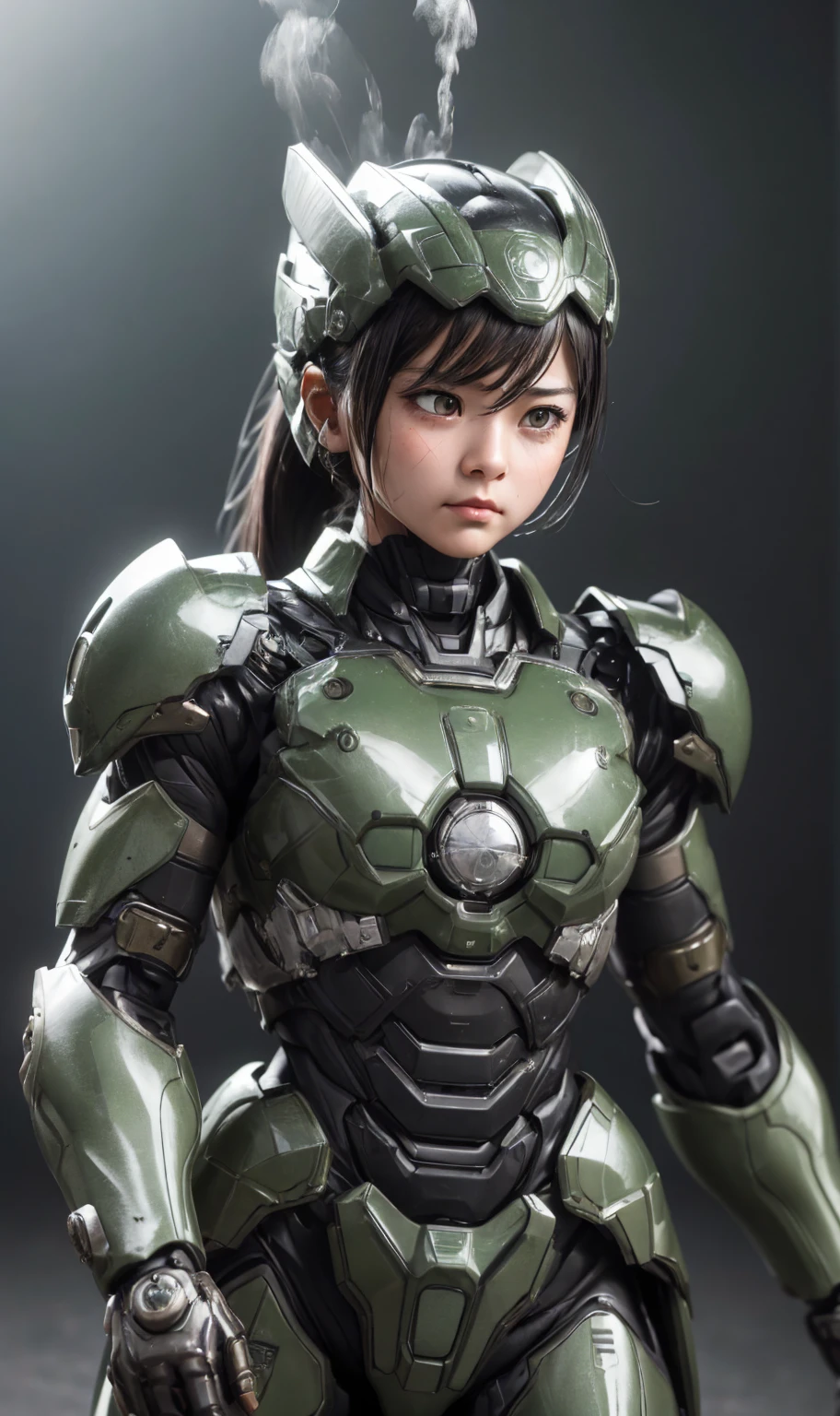 Textured skin, Very detailed, Attention to detail, high quality, 最high quality, High resolution, 1080P, hard disk, beautiful,(War Machine),beautifulサイボーグ女性,Dark Green Mecha Cyborg Girl,Fight,Girl with a mechanical body,、Kindergarten girl　ponytail、Sweaty brown eyes、Sweaty face、Expressions of distress　Blushing　cute　Black-haired　((Steam coming from the head)) (Steam coming out of the whole body) Cool pose