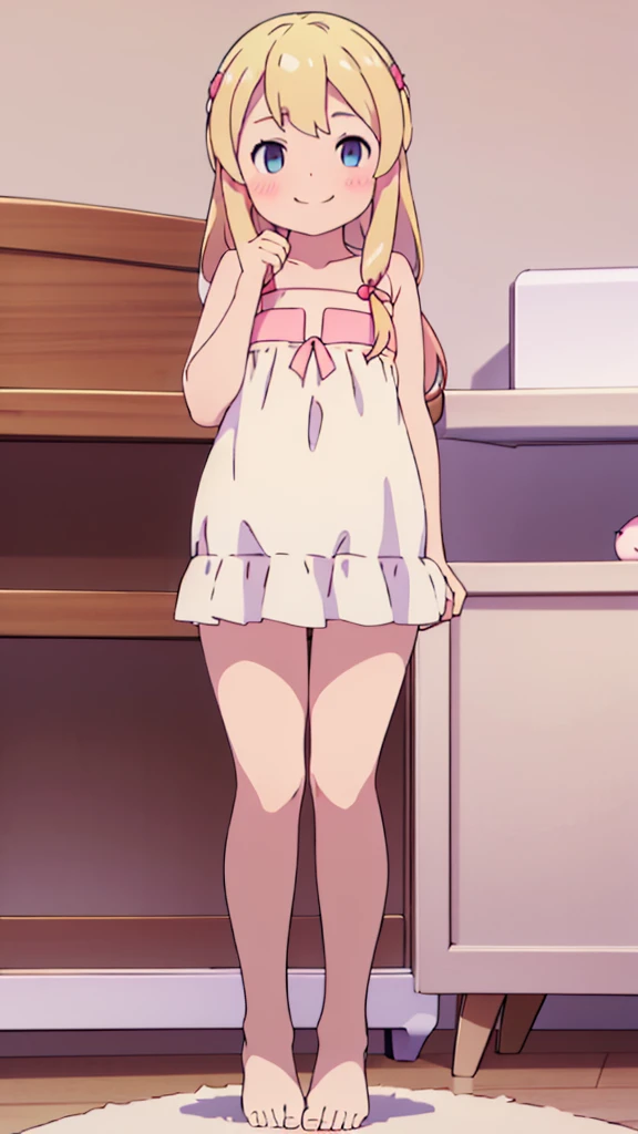 ((masterpiece))((Highest quality))girl、smile、blush、Flat Chest、Are thin、Blonde Hair、Leg-length hair、blush、Are standing、Whole body image、Even your toes are visible、Eye level on face、front、No background、真frontのアングル
