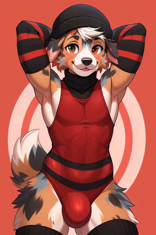 ((SFW)) ((18, cute, furry, Australian Shepherd dog boy femboy wearing a red sleeveless turtleneck leotard with a large bulge, black beanie, and black and red striped thigh-high socks, best quality)) ((hands behind head))