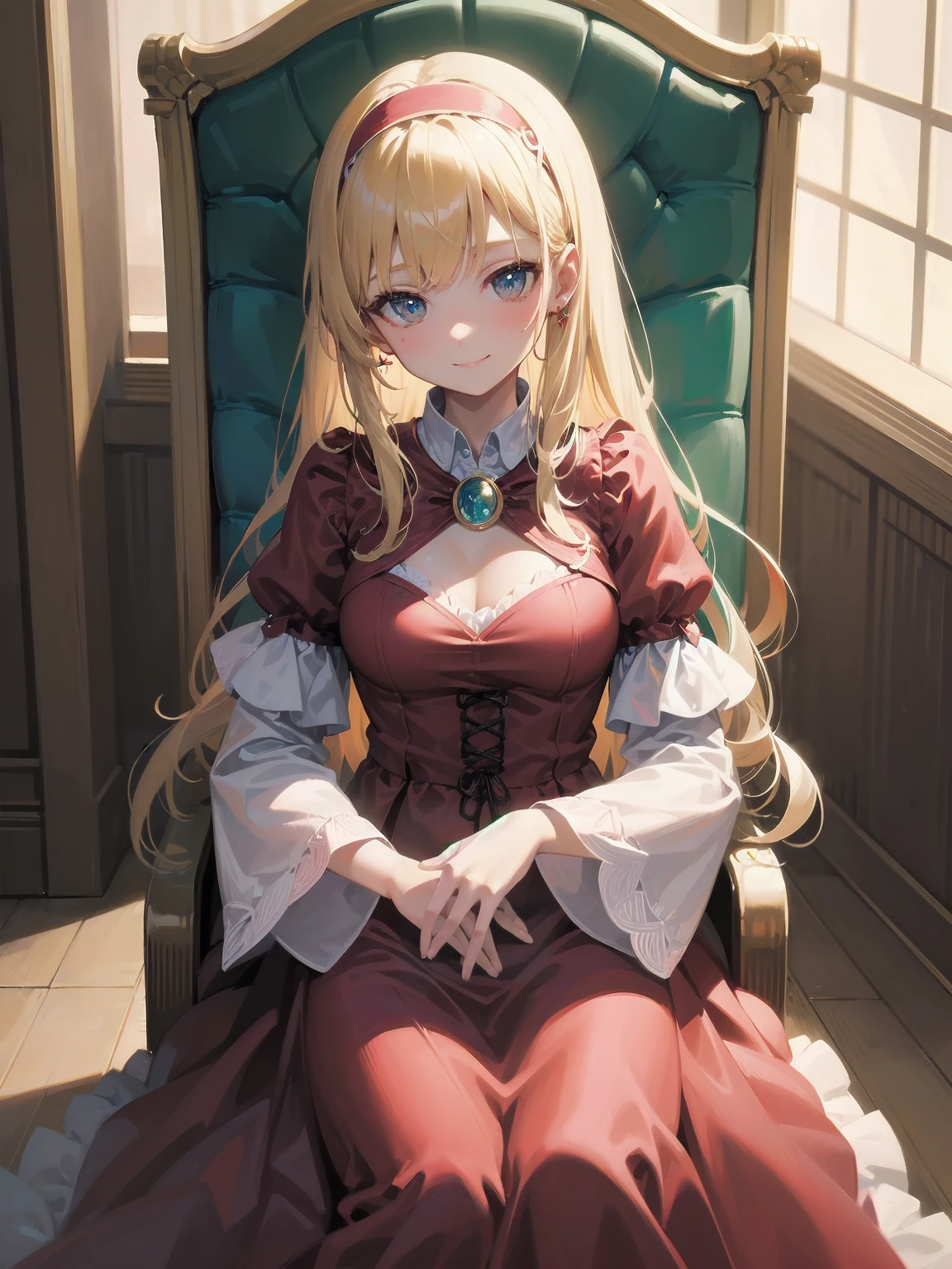 score_9, score_8_up, score_7_up, score_6_up, source_anime, 1girl, solo, defAlexia, long hair, blonde hair, red hairband, brooch, red ballgown, puffy sleeves, frilled sleeves, looking at you, smile, sitting on throne, throne, indoors, stone walls, worried, hand to own chest