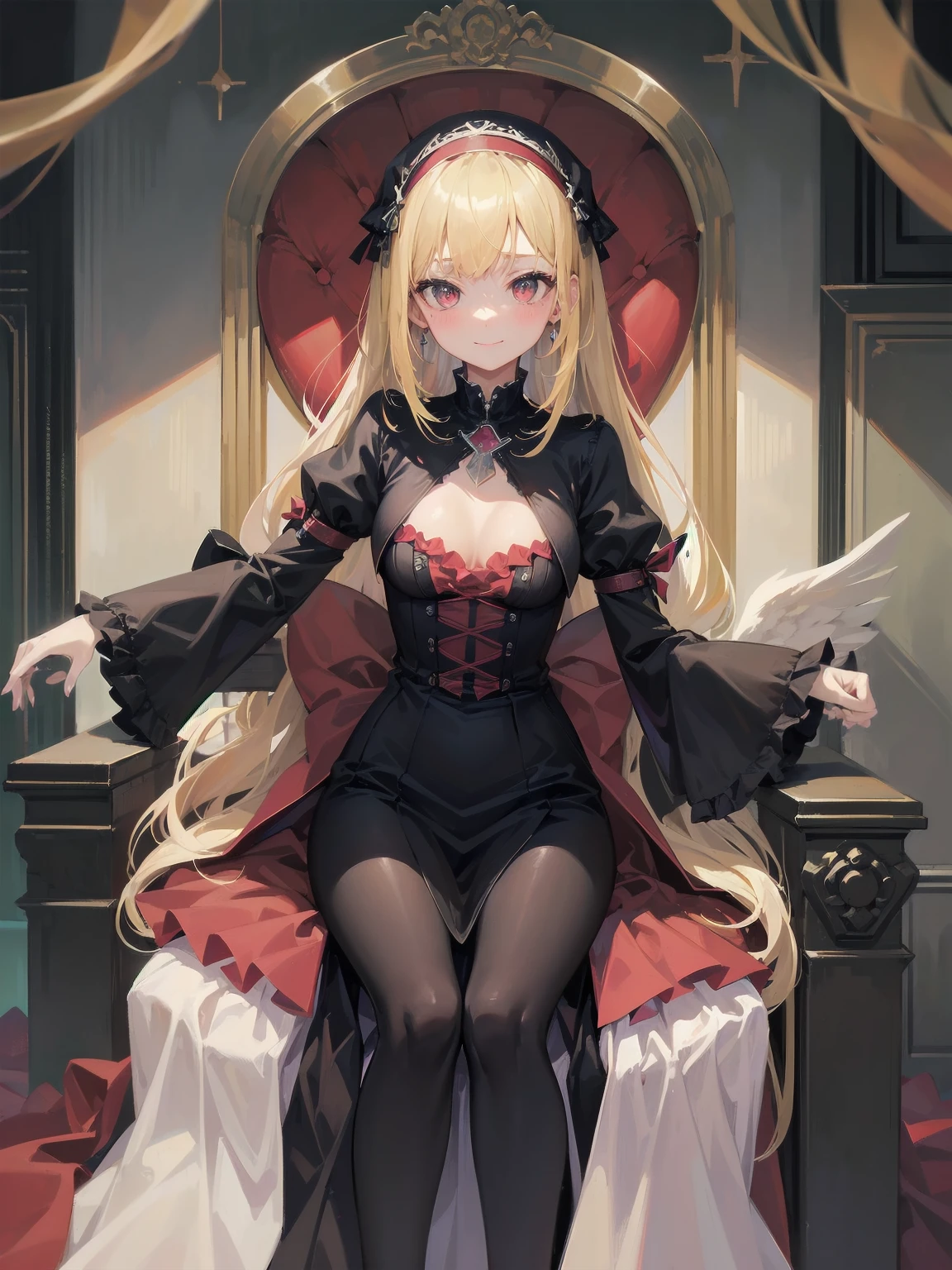 score_9, score_8_up, score_7_up, score_6_up, source_anime, 1girl, solo, defAlexia, long hair, blonde hair, red hairband, brooch, red ballgown, puffy sleeves, frilled sleeves, looking at you, smile, sitting on throne, throne, indoors, stone walls, worried, hand to own chest