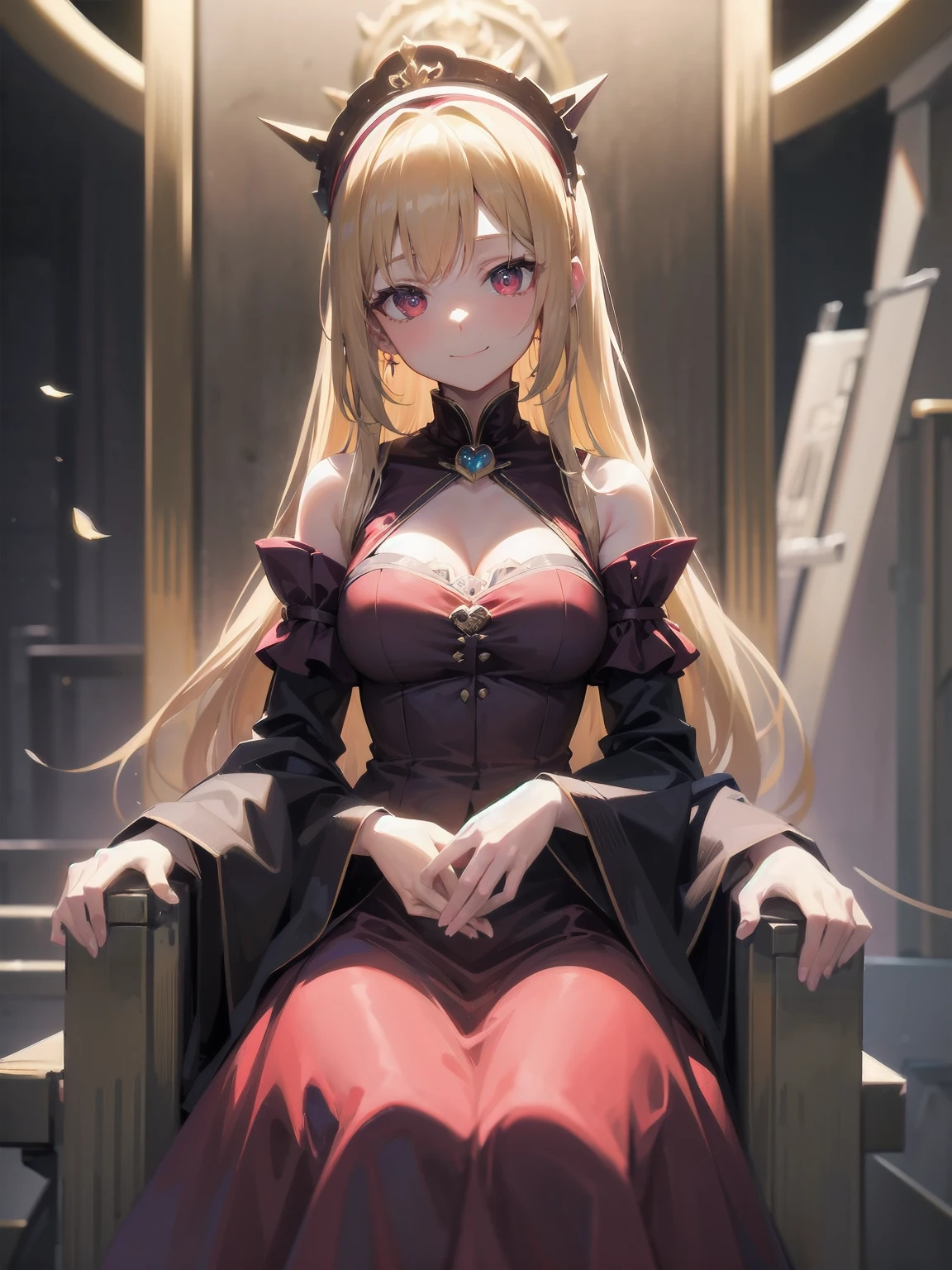 score_9, score_8_up, score_7_up, score_6_up, source_anime, 1girl, solo, defAlexia, long hair, blonde hair, red hairband, brooch, red ballgown, puffy sleeves, frilled sleeves, looking at you, smile, sitting on throne, throne, indoors, stone walls, worried, hand to own chest