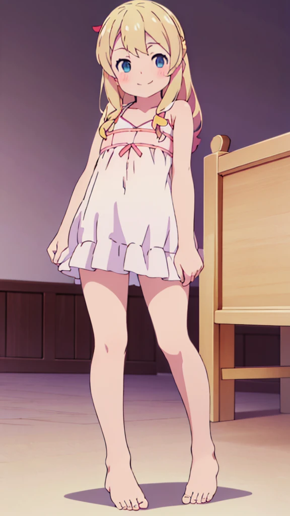 ((masterpiece))((Highest quality))girl、smile、blush、Flat Chest、Are thin、Blonde Hair、Leg-length hair、blush、Are standing、Whole body image、Even your toes are visible、Eye level on face、front、No background、真frontのアングル
