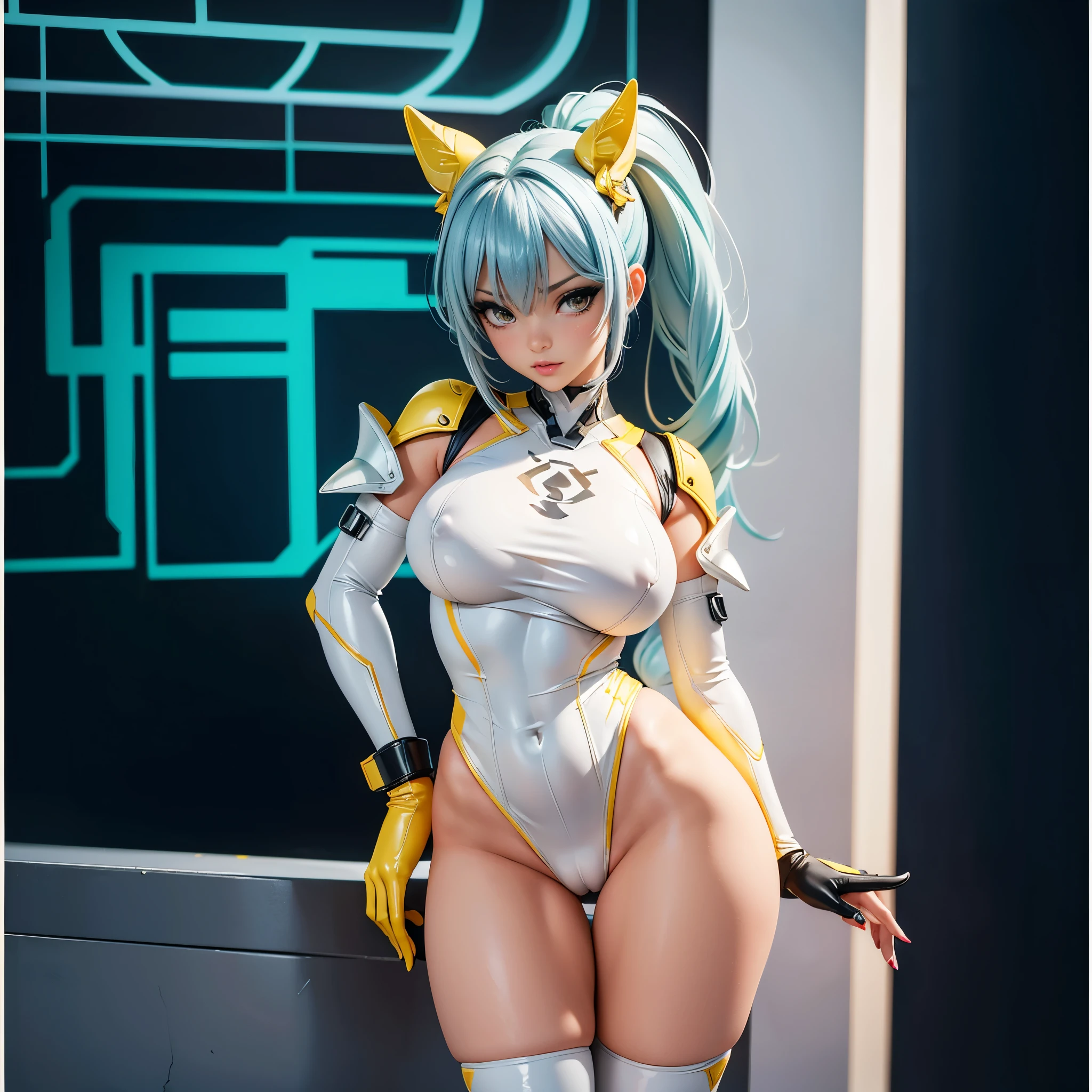 a close up of a woman in a cyber leotard suit, female, video game character, cyber suit, clothed in cyber armour, cyber fight armor, rogue anime girl, shy blush, wearing a leotard thong, highheels, fullbodyshot, model pose, chocker, cameltoe, big ass, big thighs, toned body, detailed anatomy, anatomically correct, highcut leotard, highleg leotard, colored hair, glossy lipstick, grey eyes, highleg, g-string leotard, full body shot, high_res, high tension, stretched fabric, wedge, high_resolution, very_detailed, cameltoe, masterpiece, best quality, absurdres, highres, 4k, ray tracing, intricate details, highly detailed, big breasts, huge ass, full_body, ultra sexy, very high detail, detailed clothing, detailed textures, full body in shot, color harmony, pleasent colors, vibrant, yellow painted fingernails, yellow nailpolish, makeup, mascara, eyeliner, blue eyeshadow, detailed face, ecchi style, anime, NSFW, lewd, cameltoe, slight nipple outline, skintight, latex, long eyelashes, pretty face, white catears, looking away