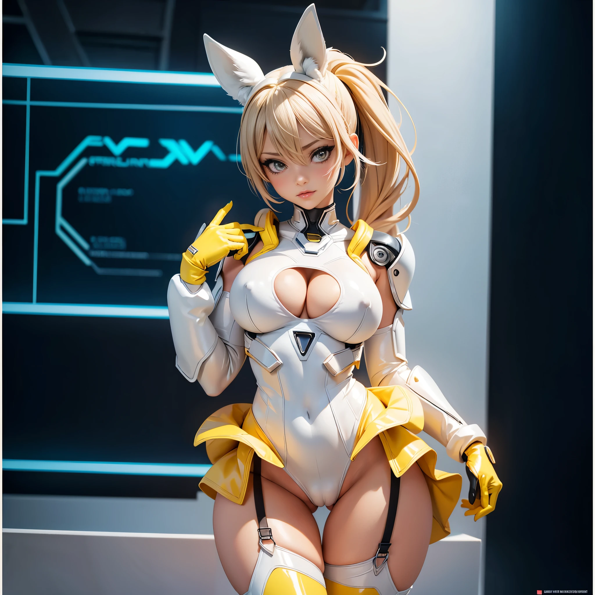 a close up of a woman in a cyber leotard suit, female, video game character, cyber suit, clothed in cyber armour, cyber fight armor, rogue anime girl, shy blush, wearing a leotard thong, highheels, fullbodyshot, model pose, chocker, cameltoe, big ass, big thighs, toned body, detailed anatomy, anatomically correct, highcut leotard, highleg leotard, colored hair, glossy lipstick, grey eyes, highleg, g-string leotard, full body shot, high_res, high tension, stretched fabric, wedge, high_resolution, very_detailed, cameltoe, masterpiece, best quality, absurdres, highres, 4k, ray tracing, intricate details, highly detailed, big breasts, huge ass, full_body, ultra sexy, very high detail, detailed clothing, detailed textures, full body in shot, color harmony, pleasent colors, vibrant, yellow painted fingernails, yellow nailpolish, makeup, mascara, eyeliner, blue eyeshadow, detailed face, ecchi style, anime, NSFW, lewd, cameltoe, slight nipple outline, skintight, latex, long eyelashes, pretty face, white catears, looking away
