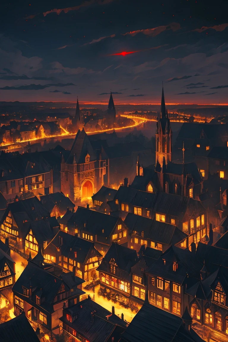 old European village shot with bird view, (Red glowing eyes), masterpiece, Depth of written boundary, Lutz, Gwaites style artwork, Gothic aesthetics, Dark Vampire village, ((in the dark gothic style cathle:1)), ((dark mid-night time:1.5)),