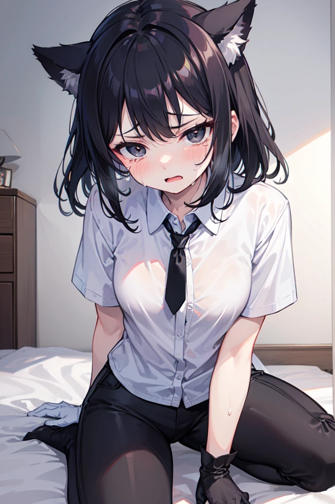 A 16-year-old boy，cute，Wear a white short-sleeved shirt and a black work tie，Wear long black pants，Wear black booties，Wear white gloves，wear cat ears，Black hair，Black eyes，Handsome，Disdainful and cold expression，shy，Very blush，Sweating，crying，opening mouth，pornography，pornographic action，wheezing，Bundle play