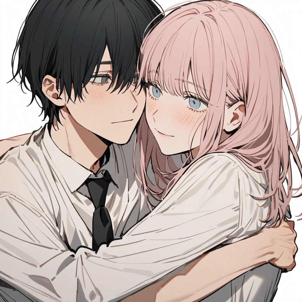 1 older woman with length, light pink hair and blue eyes,hugging 1 younger boy with short black hair and gray eyes,(hug), ((Couple)),both with white blouse and black tie, White background, chainsaw man