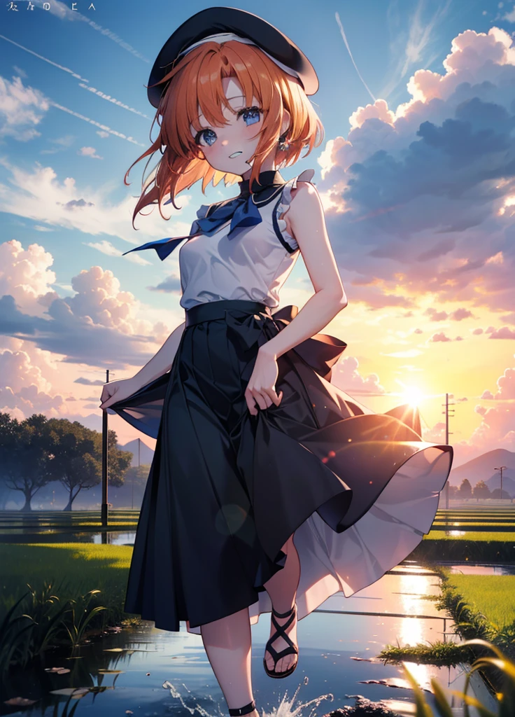 kidney, Rena Ryuuguu, Orange Hair, short hair, blue eyes, smile, blush,Grin,(Small breasts:1.2),beret,Sleeveless dress,Long skirt,Heeled Sandals,morning,morning陽,The sun is rising,Paddy field,walking,whole bodyがイラストに入る,
壊す looking at viewer,whole body,
Destroy outdoors, Destroy the countryside (masterpiece:1.2), Highest quality, High resolution, unity 8k wallpaper, (shape:0.8), (Beautiful attention to detail:1.6), Highly detailed face, Perfect lighting, Extremely detailed CG, (Perfect hands, Perfect Anatomy),