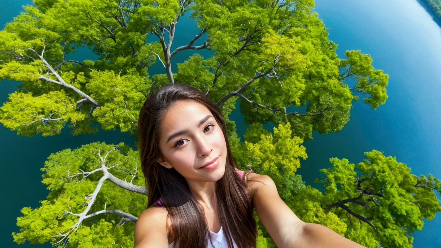 vibrant colors, (trees that reach the sky:1.1), girl in a tall tree taking a selfie, top down view, lake below