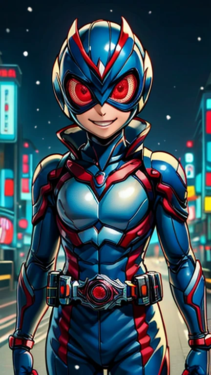 (8k),(masterpiece),(Japanese),(***************),((innocent look)),((Childish)),From the front,smile,cute,Innocent,Kind eyes,Flat chest, red helmet,blue domino mask, snow white, bald,no Hair,Strong wind,night,dark, Neon light cyberpunk city,Kamen_Rider,camisa