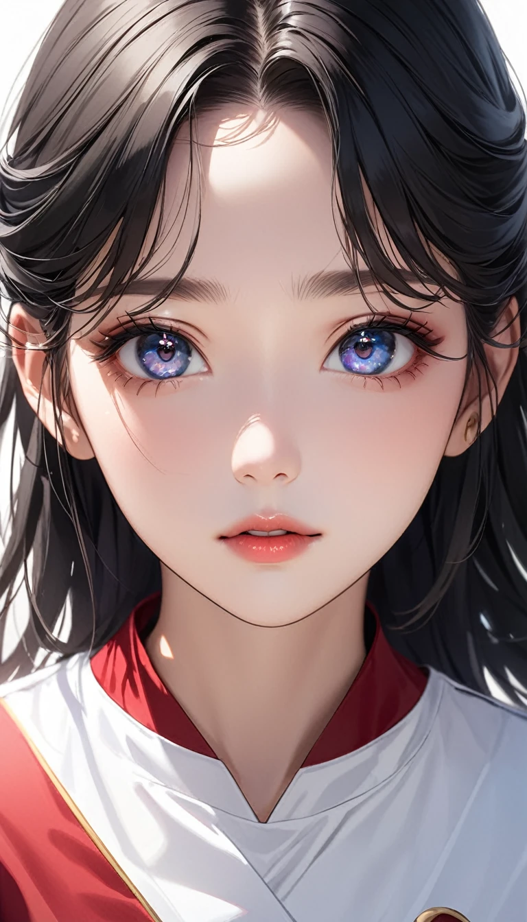 masterpiece, high resolution, beautiful woman, Korean Beauty, 20 years old, valley ball uniform, beautiful woman, white background , looking at me, high resolution face, (high resolution eyes), black hair
