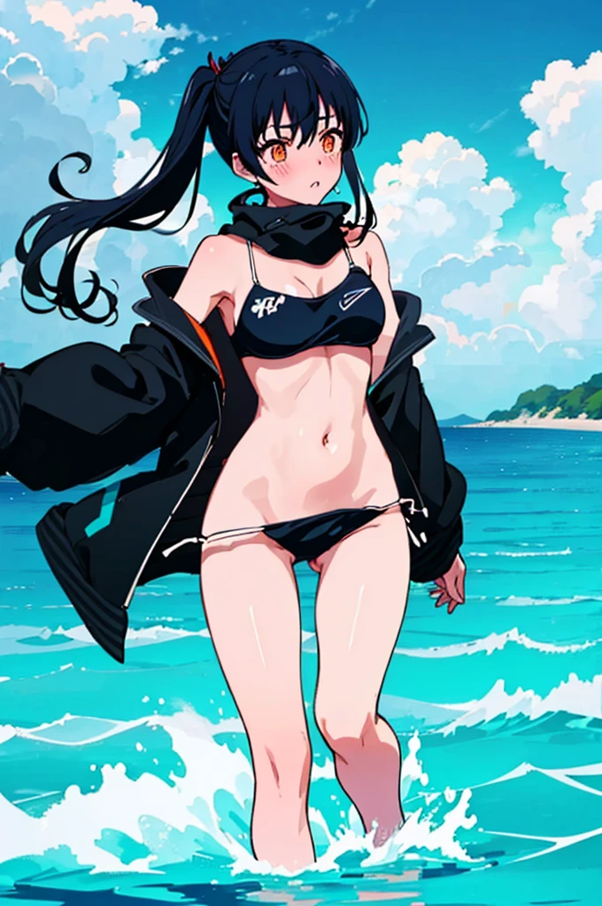 ランダムなSwimwear,,Blushing、Black Hair、ponytail、Pale orange eyes、Head to toe full body、Blushing、Embarrassed look、Composition from the front、A view from slightly below、school swimwear、Acme Face、Random pose、, 、nsfw、Highest quality、1 girl、solo、Ocean、Sandy Beach、Sexy pose、Random pose、Blushing、Wet、Embarrassed、I can see half of my 、、ワンピースSwimwear、(Strap slip:1.3)、Swimwear
