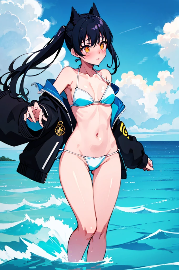 ランダムなSwimwear,,Blushing、Black Hair、ponytail、Pale orange eyes、Head to toe full body、Blushing、Embarrassed look、Composition from the front、A view from slightly below、school swimwear、Acme Face、Random pose、, 、nsfw、Highest quality、1 girl、solo、Ocean、Sandy Beach、Sexy pose、Random pose、Blushing、Wet、Embarrassed、I can see half of my 、、ワンピースSwimwear、(Strap slip:1.3)、Swimwear