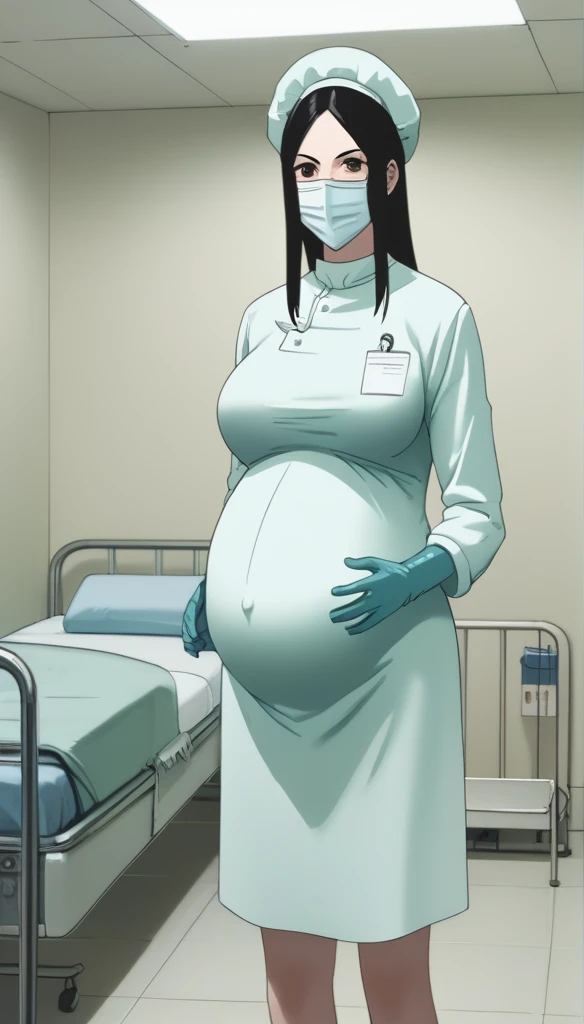 score_9,  score_8_up, score_7_up, source_anime, raw image, masterpiece, highest quality, kasuganoray, put on makeup, pale skin, her eyes are happy, long black hair, big breasts, scrubs, surgical mask, bouffant cap, long sleeve maternity dress, put on another long sleeved coat, seamless, navel head, the dress isn't wrinkled, long white stockings,
1girl, pregnant, solo, long rubber gloves, looking down, furrowed brow, hospital bed, light shines from the ceiling, standing, patient room background, she is inquiring about the patient's condition