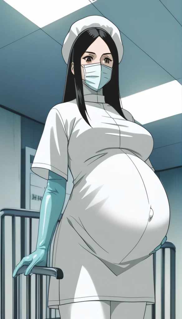 score_9,  score_8_up, score_7_up, source_anime, raw image, masterpiece, highest quality, kasuganoray, put on makeup, pale skin, her eyes are happy, long black hair, big breasts, scrubs, surgical mask, bouffant cap, long sleeve maternity dress, put on another long sleeved coat, seamless, navel head, the dress isn't wrinkled, long white stockings,
1girl, pregnant, solo, long rubber gloves, looking down, furrowed brow, hospital bed, light shines from the ceiling, standing, patient room background, she is inquiring about the patient's condition