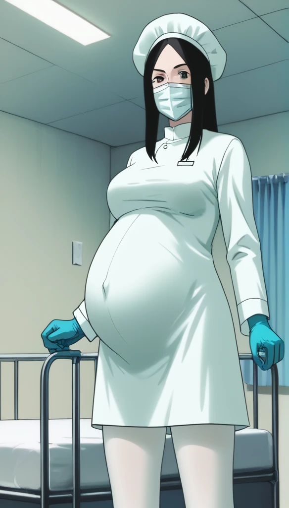 score_9, score_8_up, score_7_up, source_anime, raw image, masterpiece, highest quality, kasuganoray, put on makeup, pale skin, her eyes are happy, long black hair, big breasts, scrubs, surgical mask, bouffant cap, long sleeve maternity dress, put on another long sleeved coat, seamless, navel head, the dress isn't wrinkled, long white stockings,
1girl, pregnant, solo, long rubber gloves, looking down, furrowed brow, hospital bed, light shines from the ceiling, standing, patient room background, she is inquiring about the patient's condition
