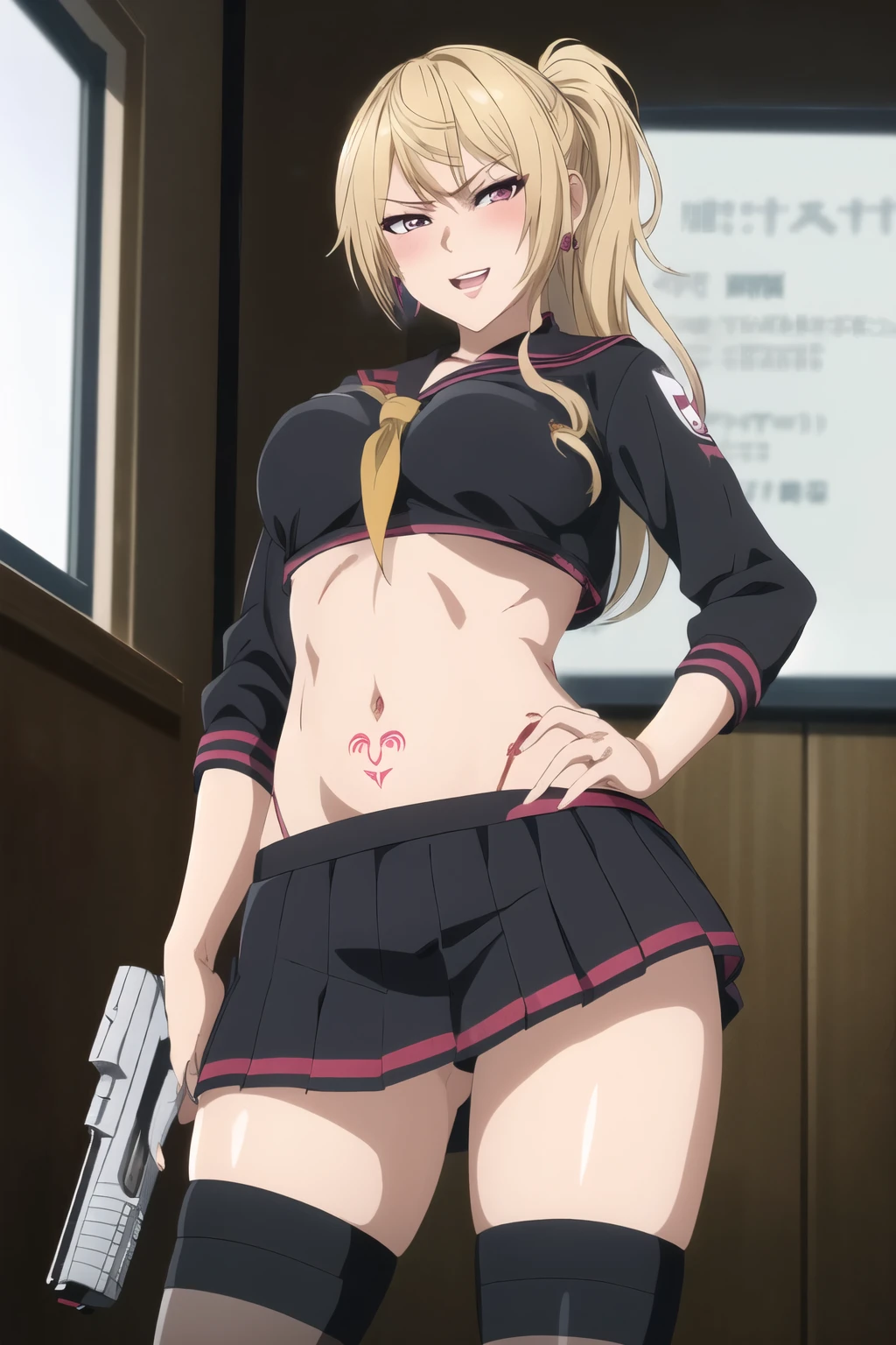 yukino, long hair, blush, lipstick, jewelry, earrings,  tattoo, Hot girl, baddie, staring, glaring, bad attitude, mean girl, dare, angry, hate, crazy, smoking, sensual, attractive, , blush, lipstick, masterpiece, best quality, highly detailed, a anime girls in sailor uniforms with a gun posing for a picture,
evil smile, smile, open mouth,black_serafuku, ecchi anime style, anime girls , (nsfw) not safe for work,
ecchi style, ecchi, shipgirls, digital anime art!!, high school girls, holding a gun, hold a gun, anime style 4
k, micro skirt, exposed belly, exposed navel, exposed midriff,
exposed lower belly,school, classroom