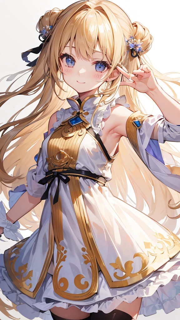((masterpiece))((Highest quality))girl、smile、blush、Flat Chest、Are thin、Blonde Hair、Long hair up to half of one's height、blush、Are standing、Whole body image、Even your toes are visible、Eye level on face、front、No background、真frontのアングル