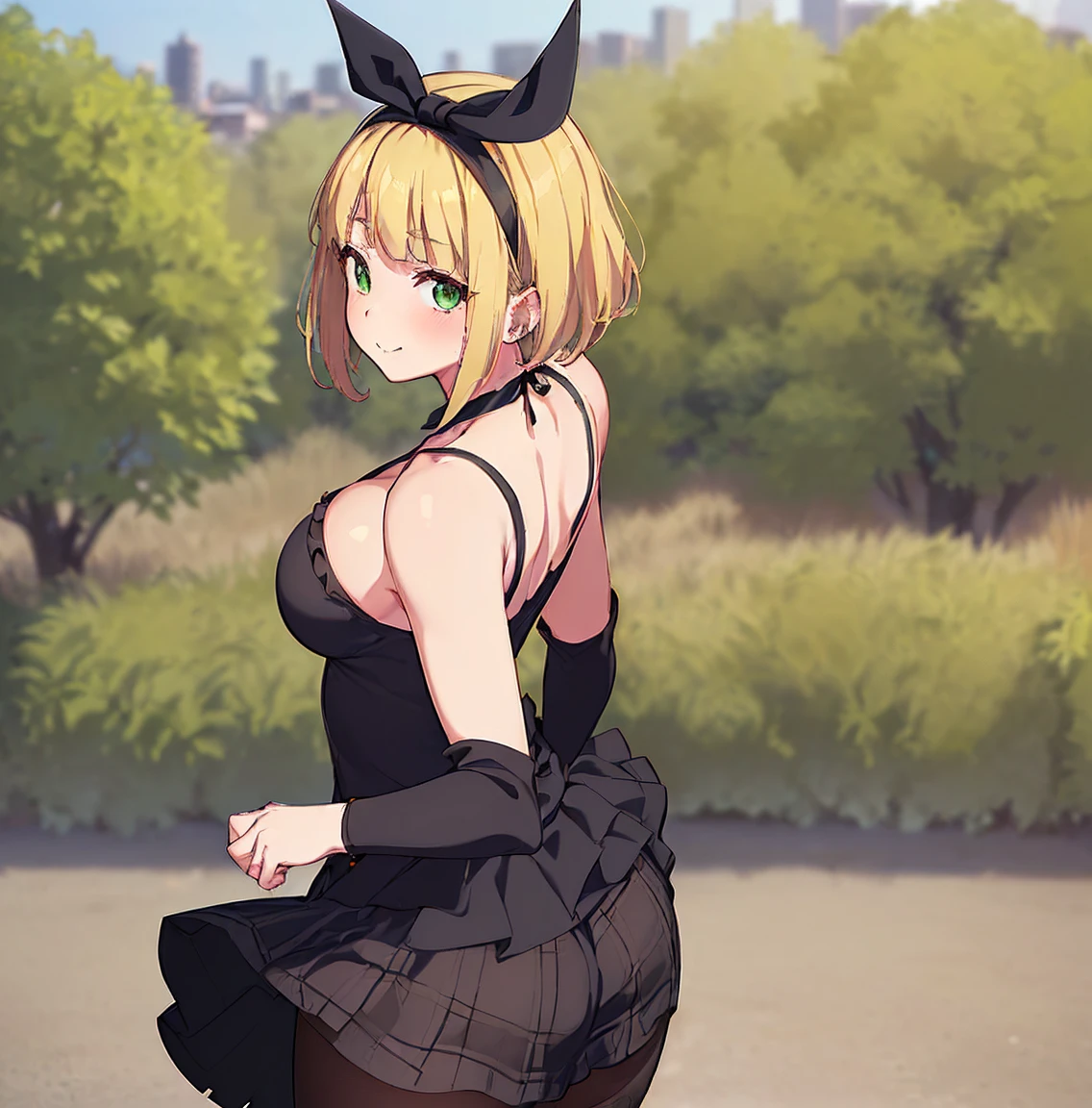 ((1girl)), ((alone)),shushu suruga, ((extremely detailed CG unity 4k wallpaper)), (masterpiece), (ultra quality), (ultra detailed), (best illustration), (best shadow), (extremely detailed), looking at viewer, (absurdities), (detailed background), curvy body, dynamic pose, cowboy photo, medium breasts, medium waist, wide hips, wide thighs, round butt, ((blonde_hair , short_hair, 1 girl, green_eyes, solo, headband, bangs, big_breasts, black bow, black headband, mugenloopdalove outfit, collarbone, neck, strap, heart, navel, bandeau, plaid, bare shoulders, bare arms, one glove, bracelet , wristbands, miniskirt, layered skirt, ruffles, fishnet pantyhose,)),smile, mouth closed)), standing, cowboy photo, backlight, ((only)), ((standing: 1.4, outdoor, park ,cityscape,trees,(stoic,blushing,sexy expression, closed mouth, sexy pose),looking back,from behind, ((focus on ass), point of view: (from below), perfect anatomy, perfect hands 