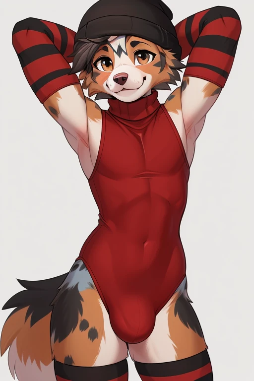 ((SFW)) ((18, cute, furry, Australian Shepherd dog boy femboy wearing a red sleeveless turtleneck leotard with a large bulge, black beanie, and black and red striped thigh-high socks, best quality)) ((hands behind head))